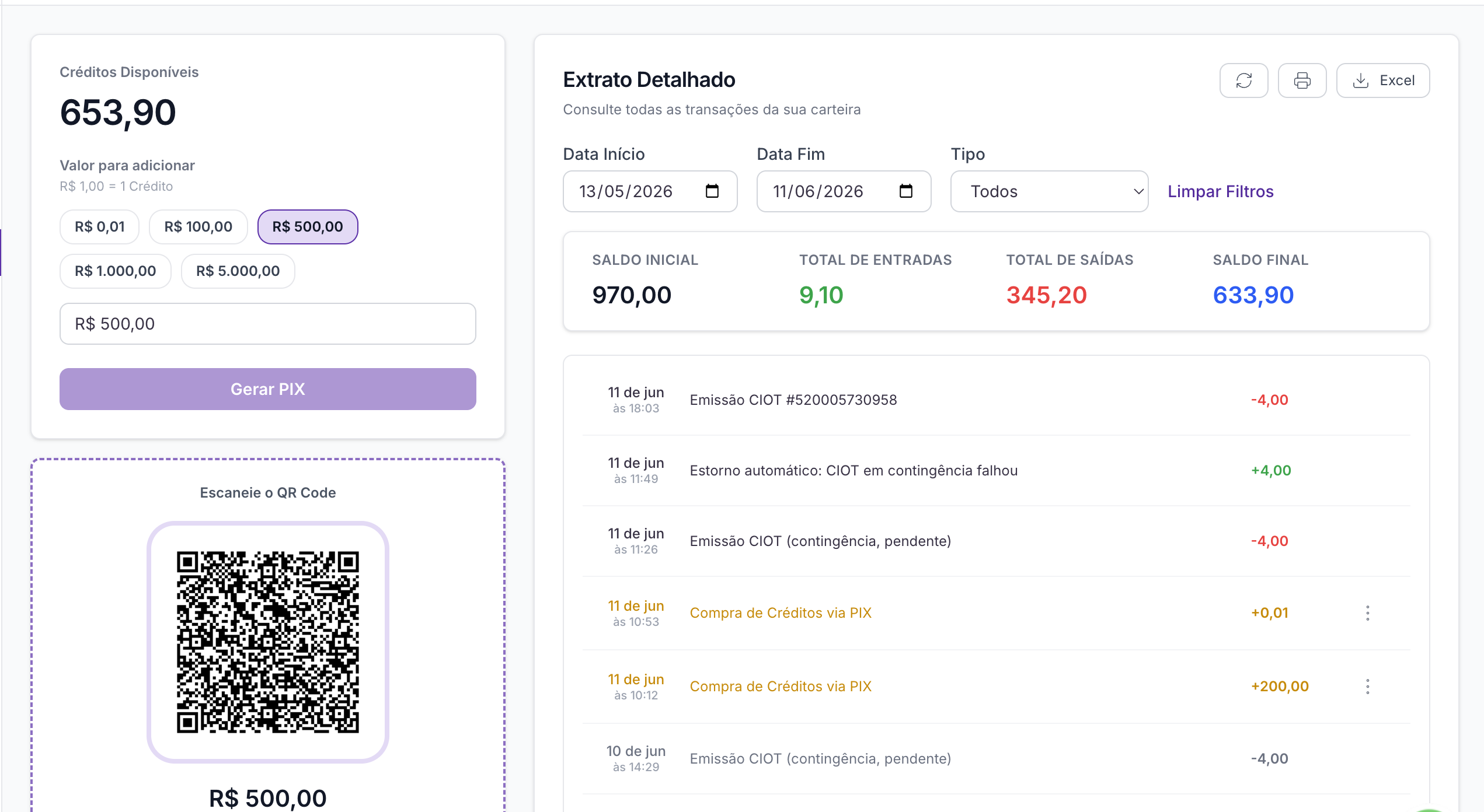 Carteira PIX FreteCash - recarga instantânea