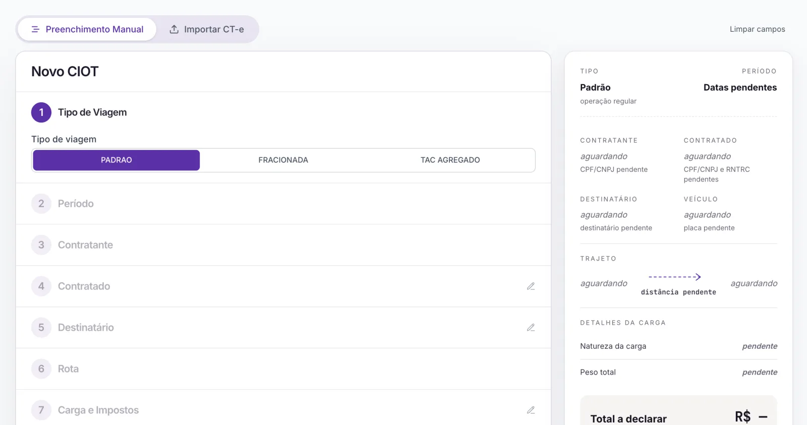 Painel FreteCash - emissão de CIOT