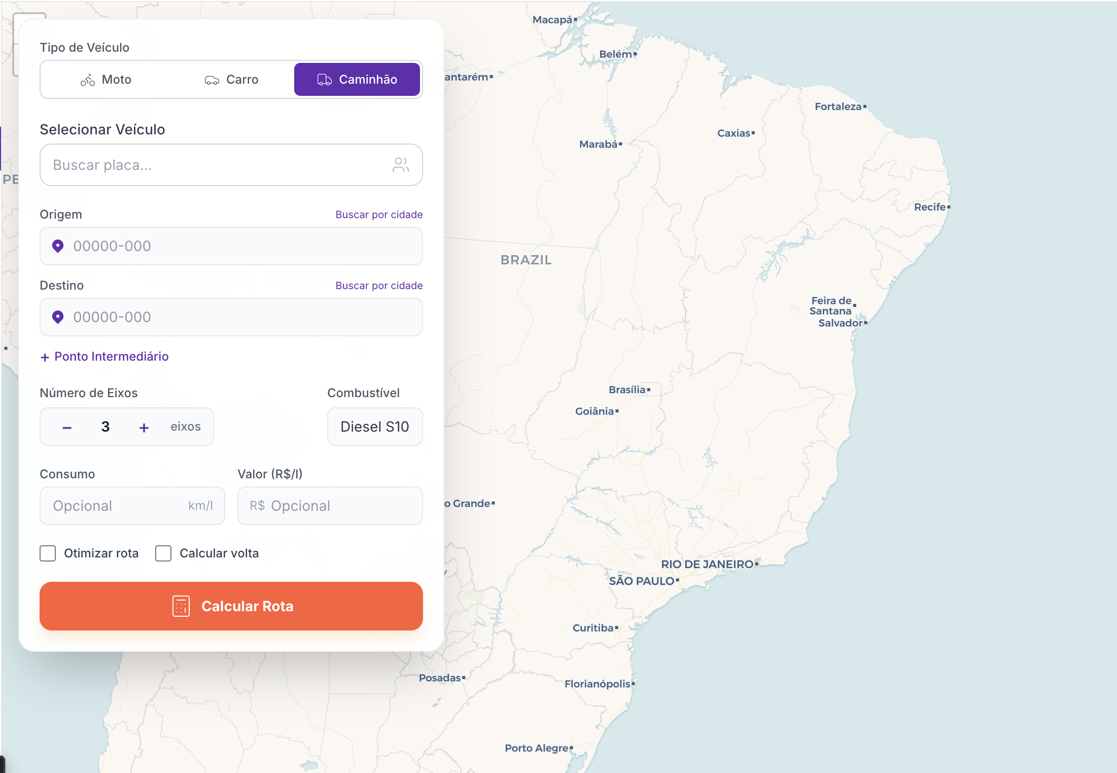 Roteirizador FreteCash - mapa com rotas e pedágios